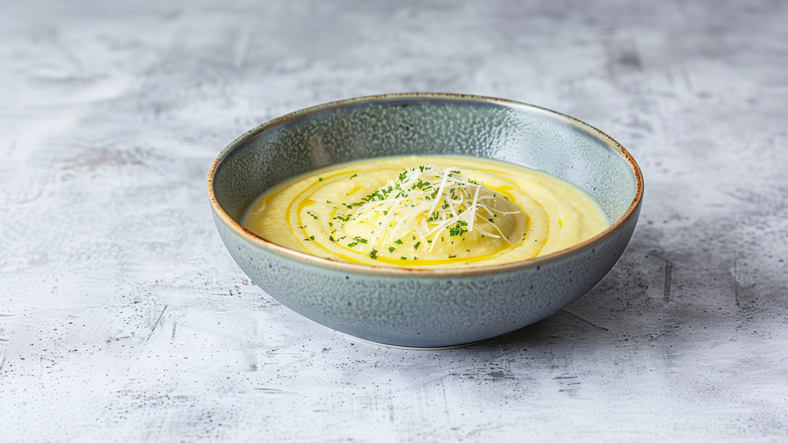 Eine Schüssel mit cremiger Suppe, garniert mit fein gehobeltem Käse und frischen Kräutern. Die Suppe hat eine glatte Textur und eine hellgelbe Farbe, während der Rand der Schüssel eine matte, graue Oberfläche hat.