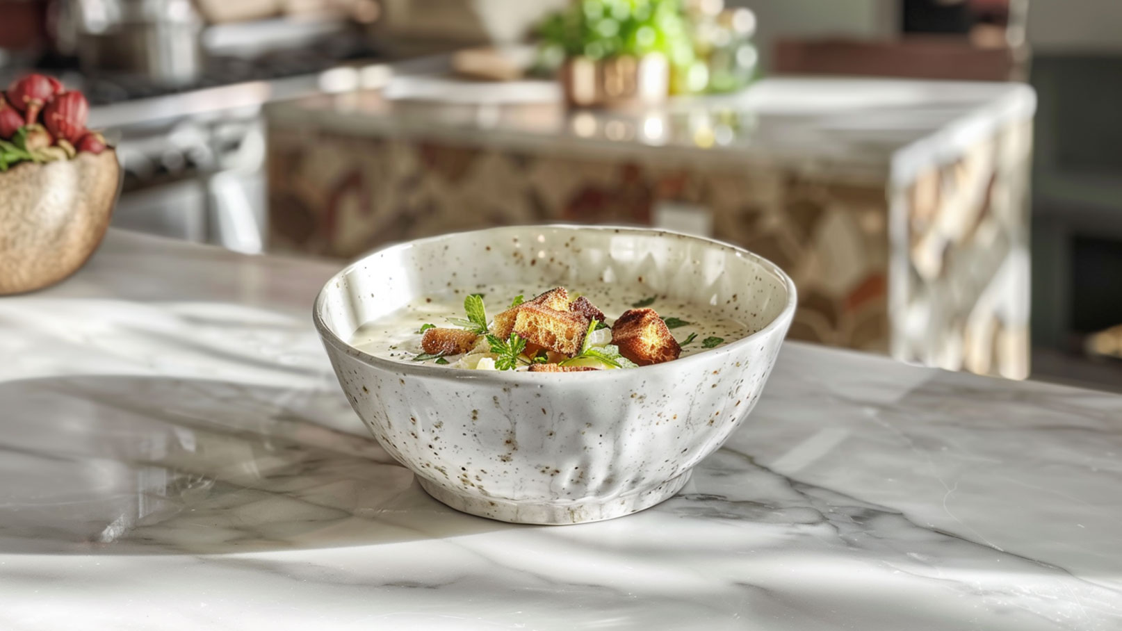 Eine weiße Schüssel mit einer cremigen Suppe, garniert mit Croutons und frischen Kräutern, steht auf einem marmorierten Tisch. Die Lichtverhältnisse erzeugen sanfte Schatten, die die Textur des Tisches betonen.