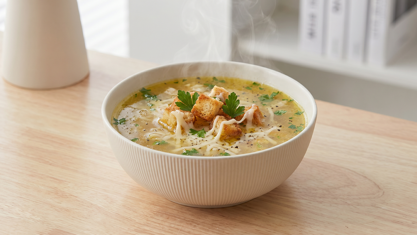 Eine dampfende Schüssel Suppe steht auf einem Holztablett. Die Suppe ist mit grünen Kräutern und knusprigen Brotstückchen garniert. Sie hat eine goldene Farbe und wirkt einladend warm.