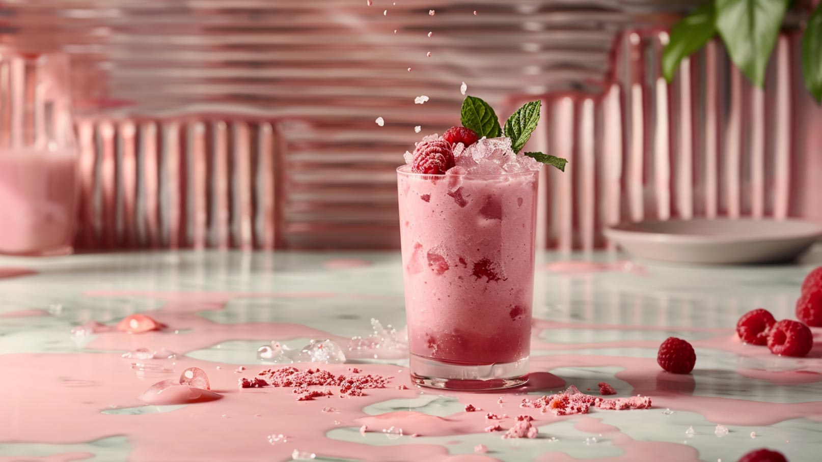 Auf dem Bild ist ein großes Glas mit einem köstlichen Himbeer-Smoothie zu sehen, das mit frischen Minzblättern und einem Strohalm verziert ist. Der Smoothie hat eine kräftige pinke Farbe und strahlt Frische aus. Um das Glas herum sind frische Himbeeren und Minzblätter kunstvoll arrangiert, was das Bild lebendig und ansprechend macht. Der kontrastreiche schwarze Hintergrund hebt die leuchtenden Farben und das frische Aussehen des Getränks hervor.
