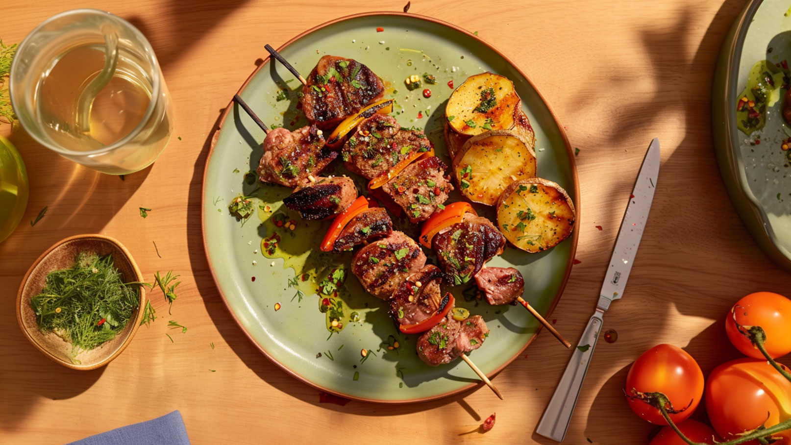 Ein grüner Teller mit gegrillten Fleischspießen, die mit Paprika und Kräutern garniert sind. Daneben liegen gebratene Kartoffelscheiben. Im Hintergrund steht ein Glas Wasser und frische Tomaten sind sichtbar. Die gesamte Anrichtung ist auf einem Holztisch präsentiert.