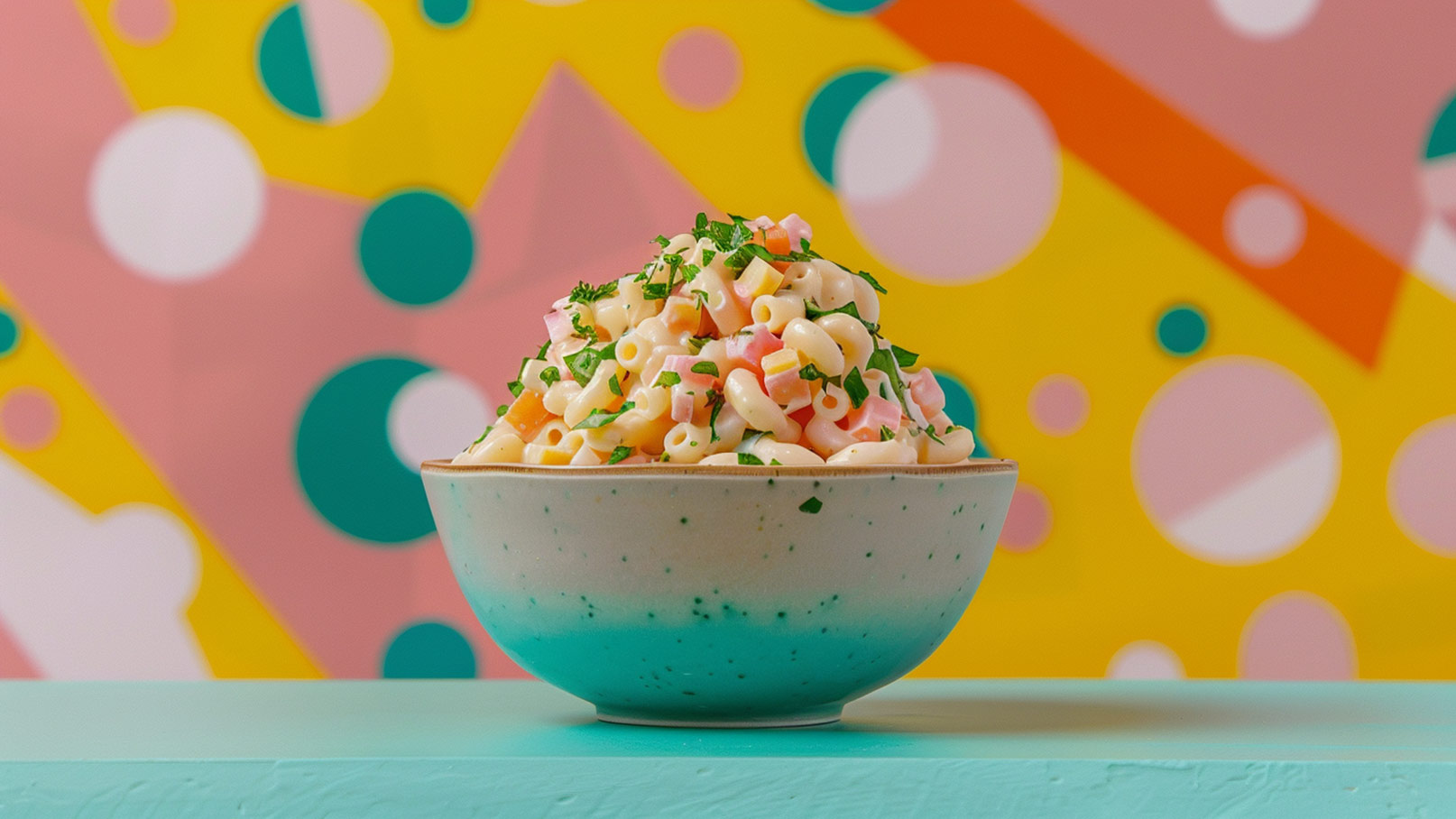 Das Bild zeigt eine weiße Schüssel, vollgefüllt mit leckerem Makkaroni-Salat. Als dekorative Note ist der Salat großzügig mit frischer Petersilie bestreut. Im Hintergrund liegt ein unscharfer Zweig Petersilie, der das grüne Thema des Gerichts aufgreift. Der Fokus liegt eindeutig auf der prächtigen, bunten Schüssel, die Geschmack und Frische verspricht.