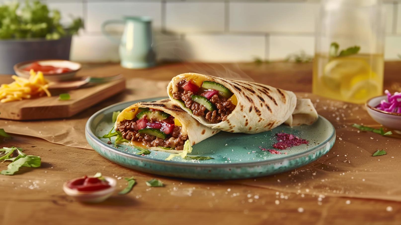 Auf einem blauen Teller liegen zwei gerollte Tortillas, gefüllt mit würzigem Rinderhackfleisch, Paprika, Zwiebeln und Salat. Um den Teller sind frische Zutaten und Dips angeordnet. Das Gericht duftet frisch und appetitlich.