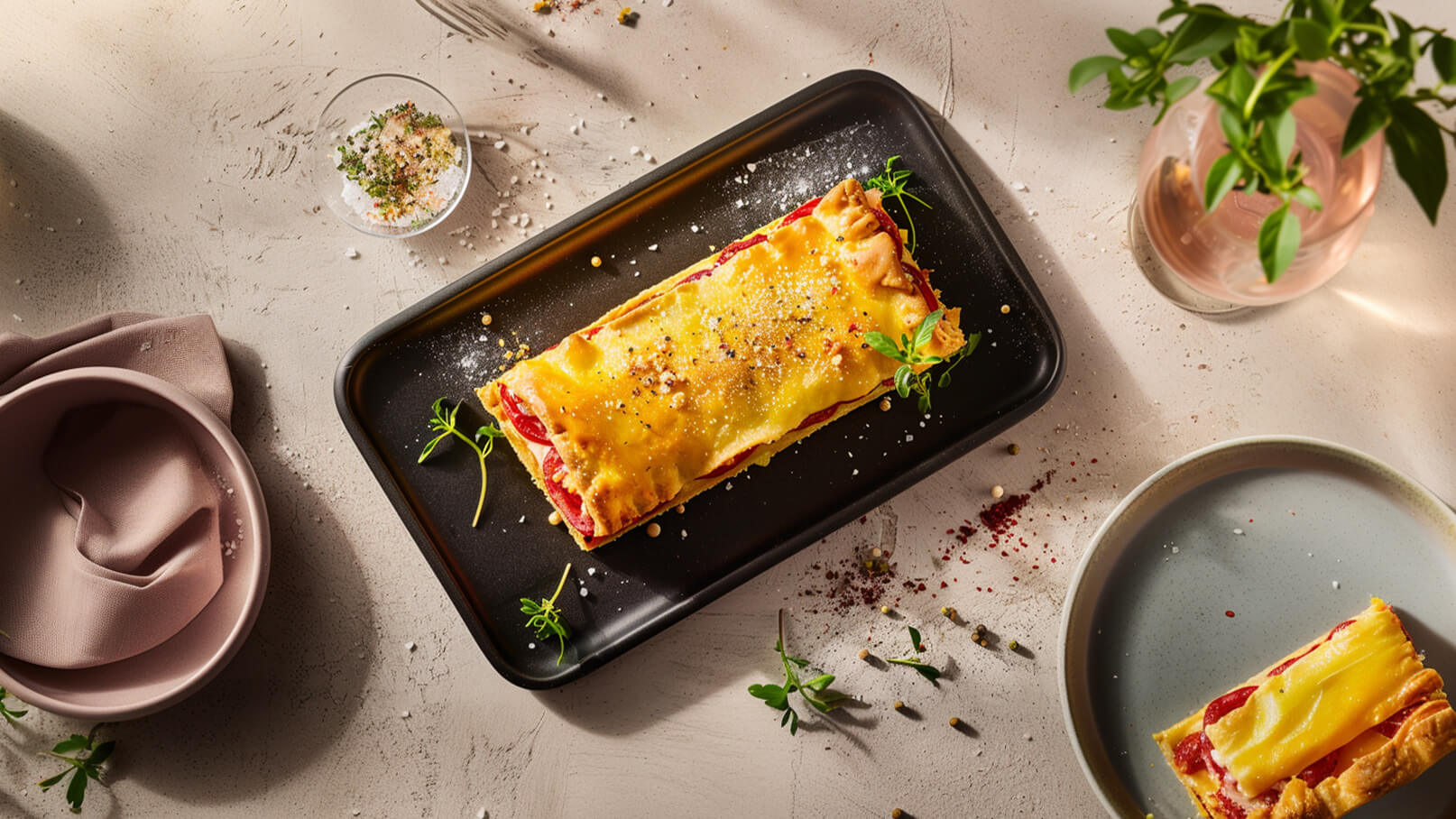 Ein schwarzes Tablett mit einer rechteckigen Lasagne. Die Lasagne hat eine goldene, knusprige Käseschicht und ist mit einer geschmackvollen Füllung sichtbar. Sie ist dekoriert mit frischen Kräutern und etwas Salz. Im Hintergrund sind ein paar Küchengeschirrteile zu sehen.