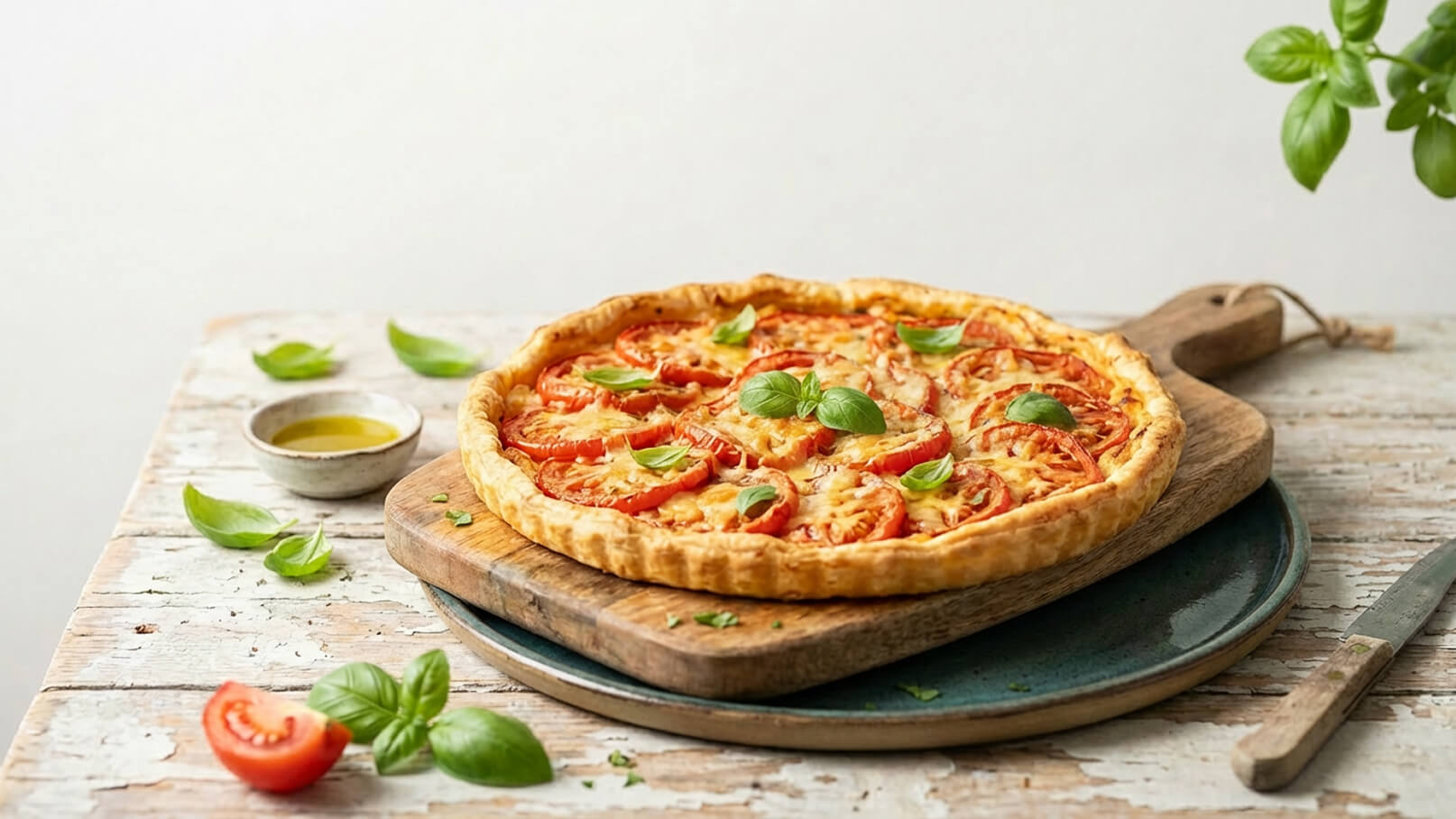 Eine frisch gebackene Quiche auf einem Holzbrett, garniert mit roten Tomatenscheiben und frischem Basilikum. Im Hintergrund befindet sich ein kleines Schälchen mit Öl. Die Quiche wirkt appetitlich und einladend.