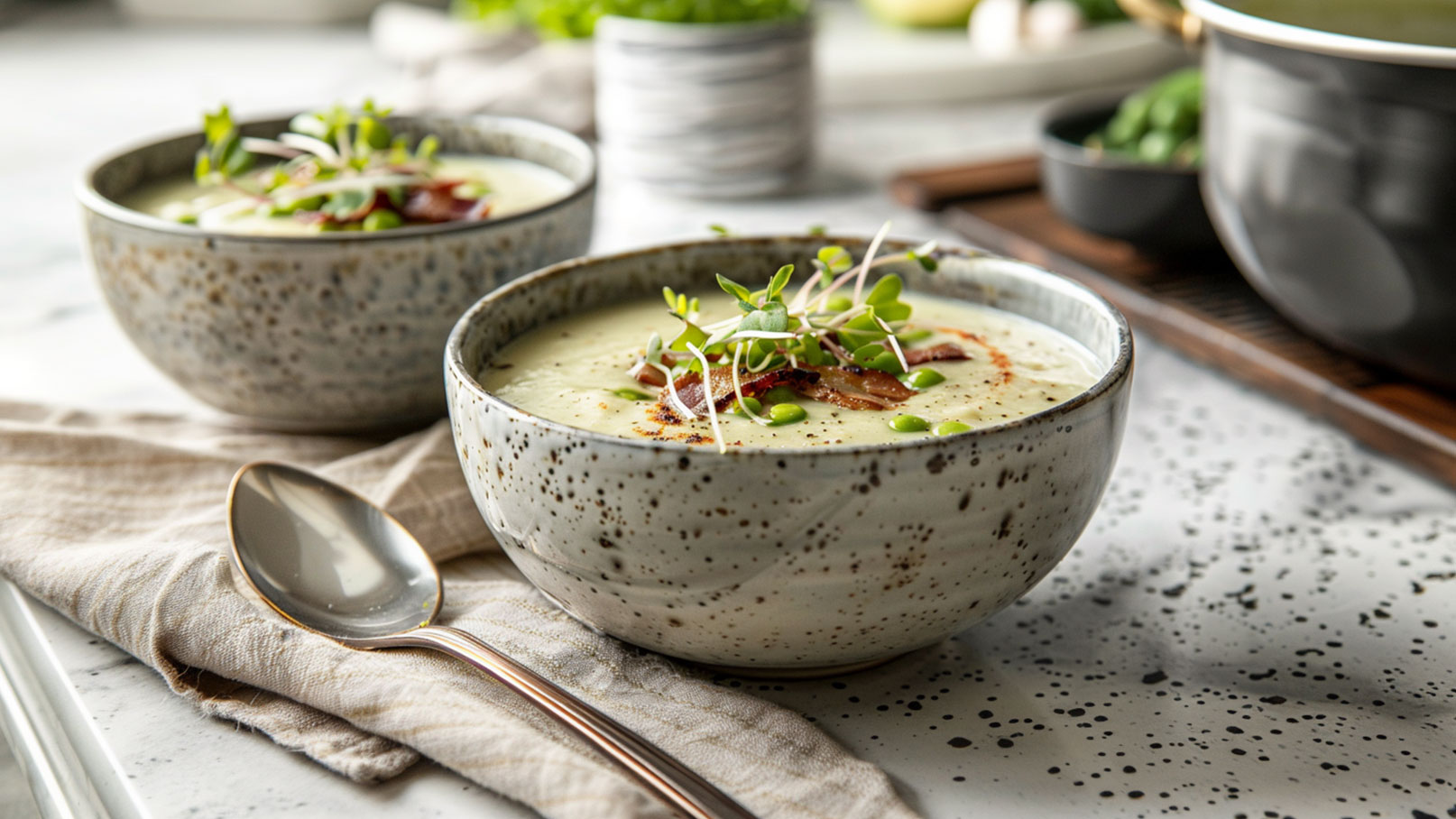 Zwei Schalen mit cremiger Suppe, garniert mit frischen Sprossen und knusprigem Speck, stehen auf einem gemusterten Tisch. Eine Metalllöffel liegt auf einem beige Tuch neben den Schalen. Im Hintergrund ist ein Kochtopf sichtbar.