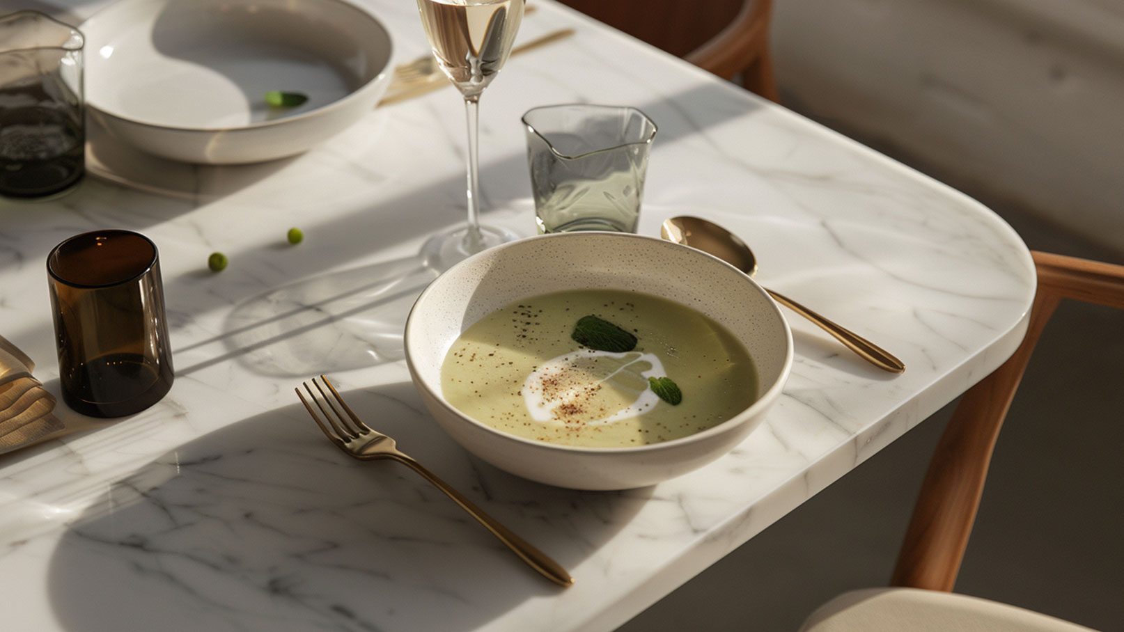 Ein eleganter Tisch mit einer Schüssel cremiger grüner Suppe, garniert mit einem Klecks Sahne und frischer Minze. Neben der Suppe liegt ein goldfarbener Löffel und ein Glas mit einem Getränk. Die Tischoberfläche ist marmoriert und es gibt sanftes Licht, das die Szene beleuchtet.