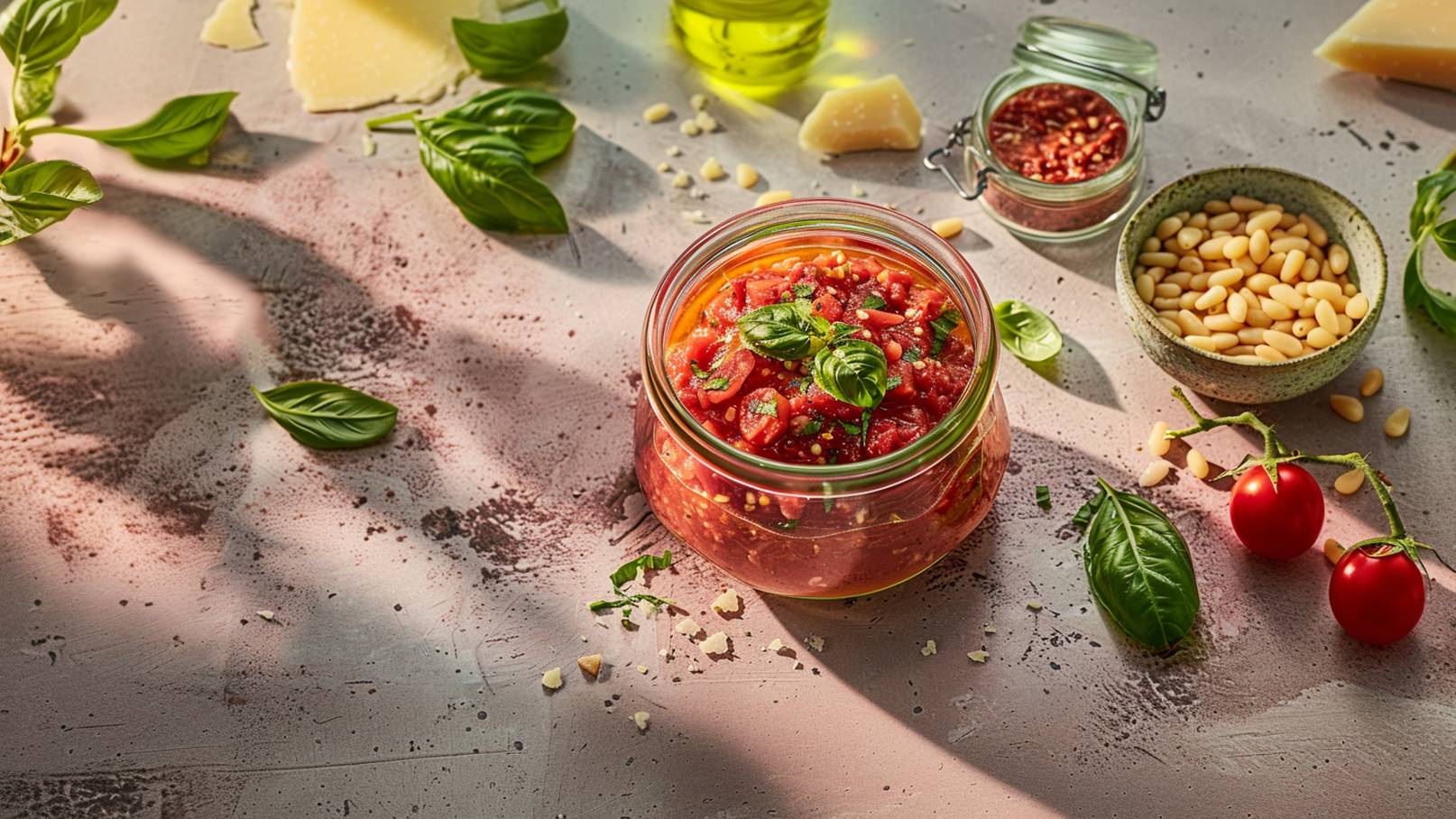 Im Vordergrund liegt eine knollige Knoblauchzehe mit leicht aufgerissenen Schalen. Daneben glänzen saftige, rote Tomaten in verschiedenen Größen, während frische grüne Basilikum- und Petersilienblätter den Kontrast verstärken. In der Mitte steht ein elegantes Glas, gefüllt mit einem tiefroten, aromatischen Tomaten Knoblauch Pesto, das mit kleinen Kräuterstückchen durchzogen ist.