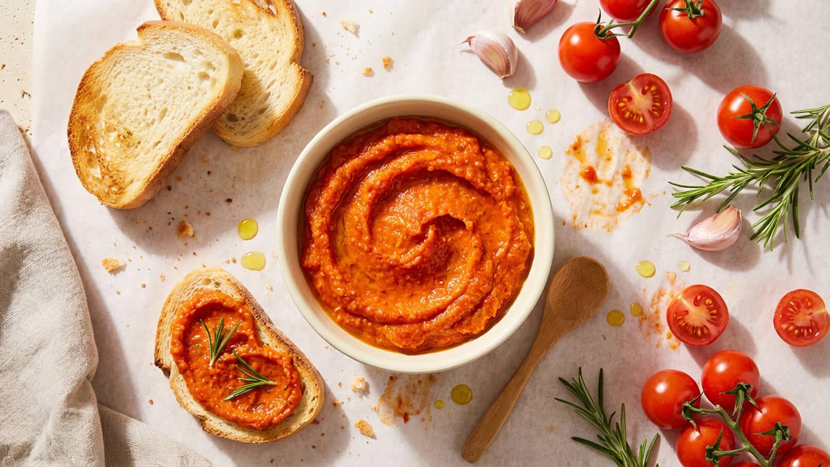 Eine Schüssel mit rotem, cremigem Aufstrich steht auf einem Tisch. Daneben liegen geröstete Brotscheiben, die teilweise mit dem Aufstrich bestrichen sind. Um die Schüssel herum sind frische Tomaten, Knoblauchzehen und Rosmarinzweige angeordnet.