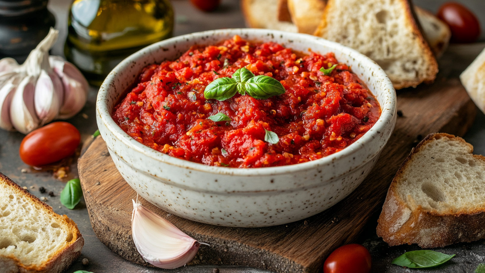 Stell dir ein rustikales Holzbrett vor, auf dem eine elegante weiße Schüssel steht, gefüllt mit leuchtendem Tomaten-Knoblauch-Aufstrich. Neben der Schüssel liegen zwei Scheiben frisch gebackenes Brot, die appetitlich mit dem Aufstrich bestrichen und mit frischen Kräutern garniert sind.