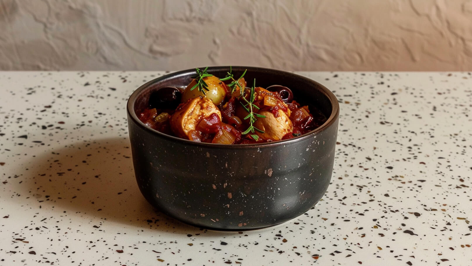 Eine dunkle Schüssel mit einem herzhaften Gericht, das Stücke von Hühnchen, Zwiebeln, grünen Oliven und viel Tomatensauce enthält. Frische Kräuter, wie Thymian, garnieren die Oberfläche, während die Schüssel auf einem hellen, marmorierten Tisch steht.