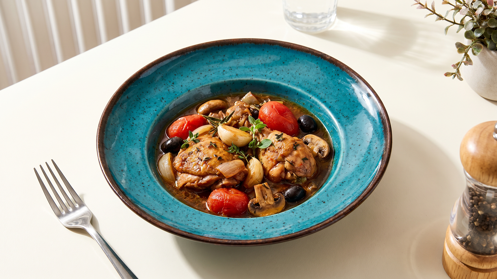 Ein Teller mit einem herzhaften Gericht, das Hühnchen, Tomaten, Champignons und Oliven enthält, garniert mit frischen Kräutern. Der Teller hat einen blauen Rand und steht auf einem hellen Tisch, neben einem Besteck und einem Glas Wasser.