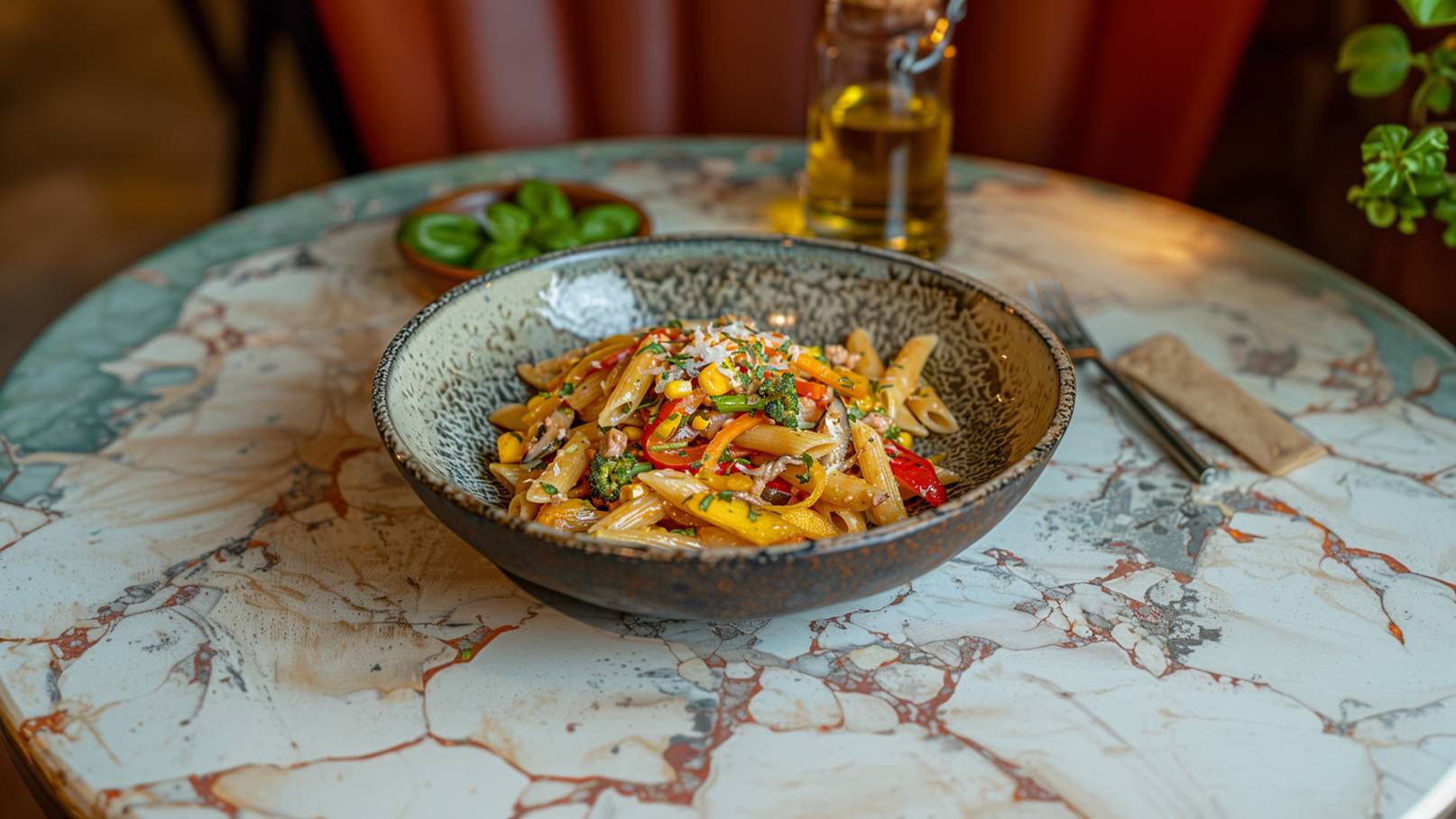 Eine Schüssel mit bunten Pasta-Gerichten, garniert mit Gemüse wie Paprika, Brokkoli und frischen Kräutern. Neben der Schüssel befindet sich ein Teller mit frischen Basilikumblättern. Der Tisch hat eine marmorartige Oberfläche.