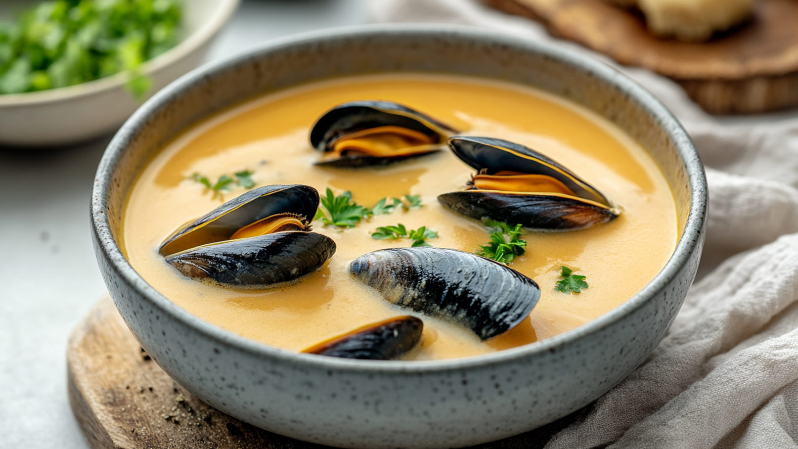 Das Bild zeigt eine stilvolle weiße Schüssel, gefüllt mit einer aromatischen Curry-Miesmuschelsuppe, die einladend dampft und mit frischen Kräutern garniert ist. Neben der Schüssel liegen Essstäbchen, die den asiatischen Flair des Gerichts betonen, sowie eine rote Chili und frische Limette, die zusätzliche Farbakzente setzen und das Gericht geschmacklich abrunden.