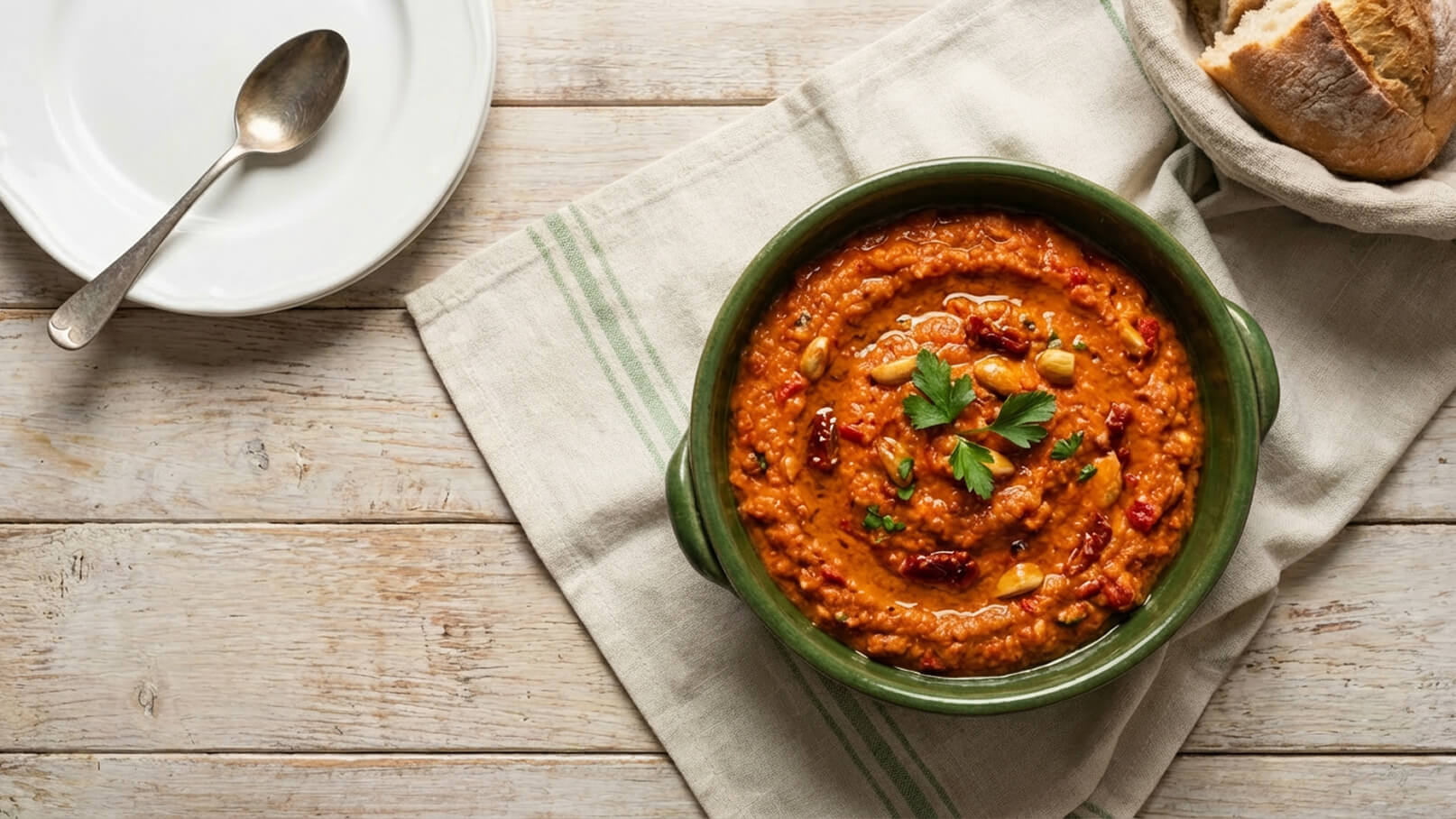 Eine grüne Schüssel mit cremigem, orangefarbenem Linsengericht ist auf einem Holztisch platziert. Das Gericht ist mit gehackten Kräutern und getrockneten Tomaten garniert. Neben der Schüssel liegen ein Esslöffel und ein Stück Brot in einem Tuch.