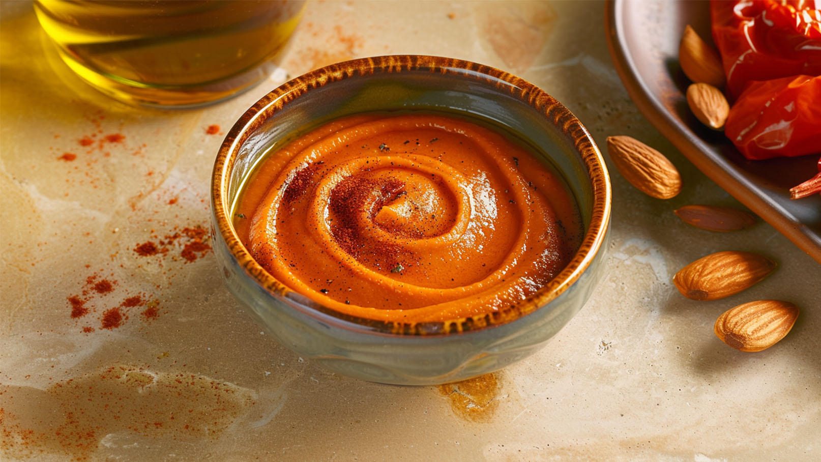 Eine Schale mit orangefarbenem Dip, der eine spiralförmige Struktur zeigt. Der Dip ist mit schwarzem Pfeffer und Paprika bestreut. Im Hintergrund sind einige Mandeln und getrocknete Tomaten zu sehen.