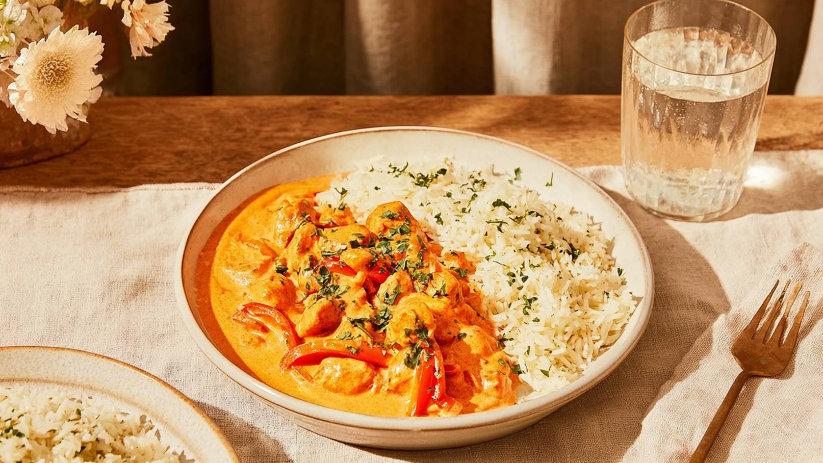 Ein Teller mit cremigem Curry, garniert mit roten Paprikastreifen und frischen Kräutern, liegt neben einer Portion lockeren Reis. Im Hintergrund steht ein Glas Wasser. Die Szene vermittelt eine einladende Atmosphäre für eine Mahlzeit.