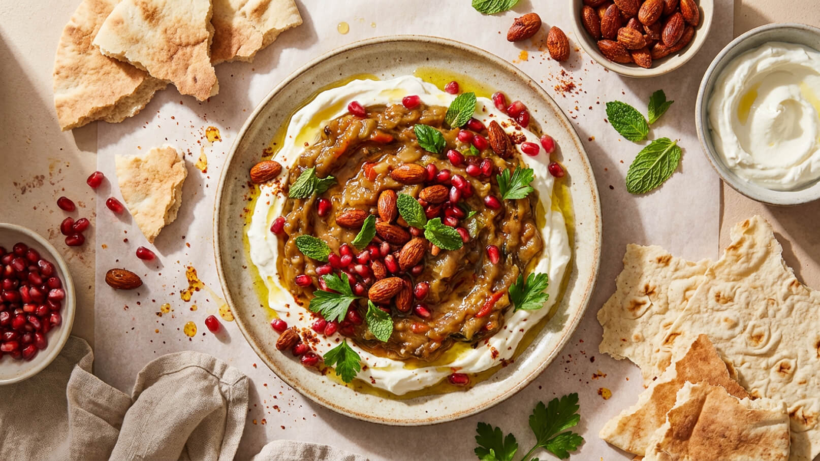 Eine schöne Platte mit Joghurt, garniert mit einer Mischung aus Auberginenpüree, Granatapfelkernen, Mandeln, frischen Minz- und Petersilienblättern. Neben der Platte liegen Stücke von Brot und ein zusätzliches Schälchen mit Joghurt. Das Gesamtbild ist ansprechend und einladend.