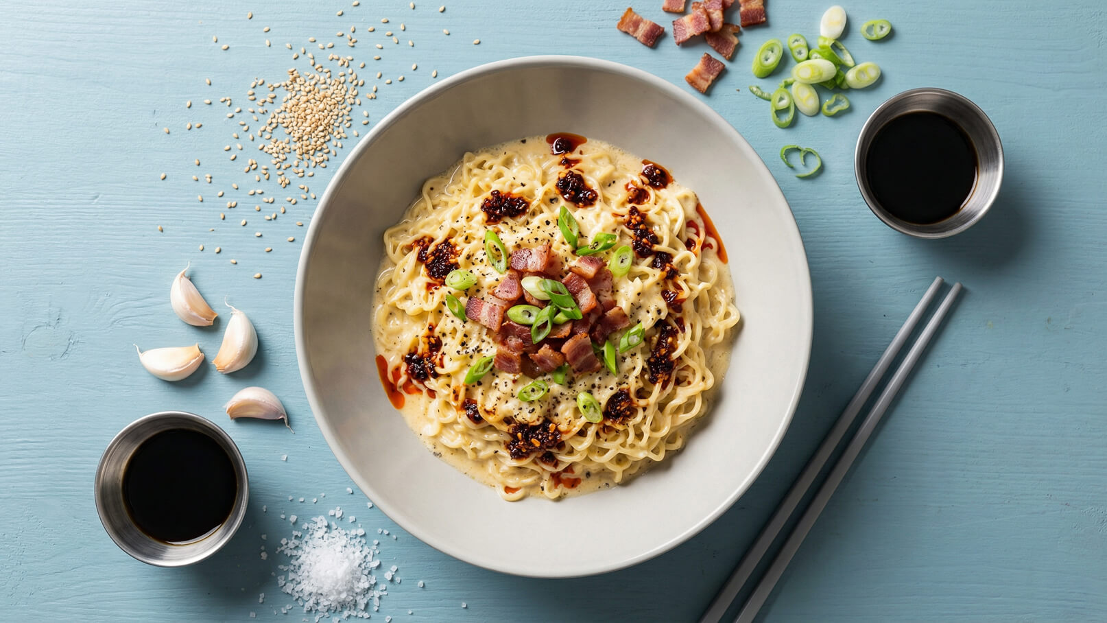 Ein Teller mit Nudeln in einer cremigen Sauce, garniert mit gewürfeltem Schinken und Frühlingszwiebeln. Rund um den Teller liegen Knoblauchzehen, eine Schale mit dunkler Sauce, etwas Salz und Sesamsamen auf einem blauen Tisch.
