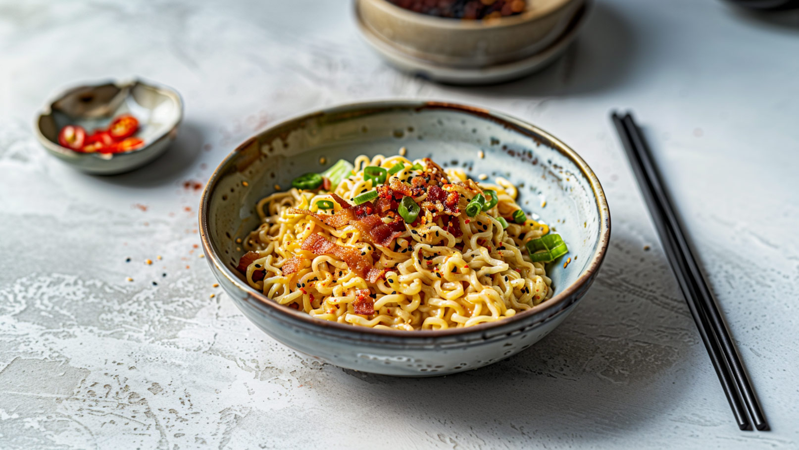 Ramen Carbonara mit Frühlingszwiebeln garniert in einer grauen Schüssel auf einem hellen Steintisch. Im Hintergrund kleine Schalen mit Zutaten