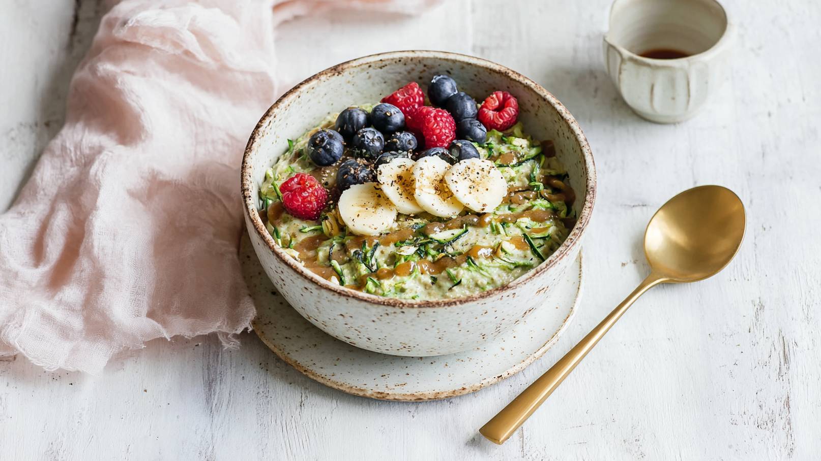 Eine Schale mit Haferbrei ist mit frischen Bananenscheiben, Heidelbeeren, Himbeeren und einem Hauch von Gewürzen garniert. Daneben liegt ein goldener Löffel und eine kleine Kanne mit einer Flüssigkeit. Der Hintergrund ist hell und neutrale Farben dominieren.
