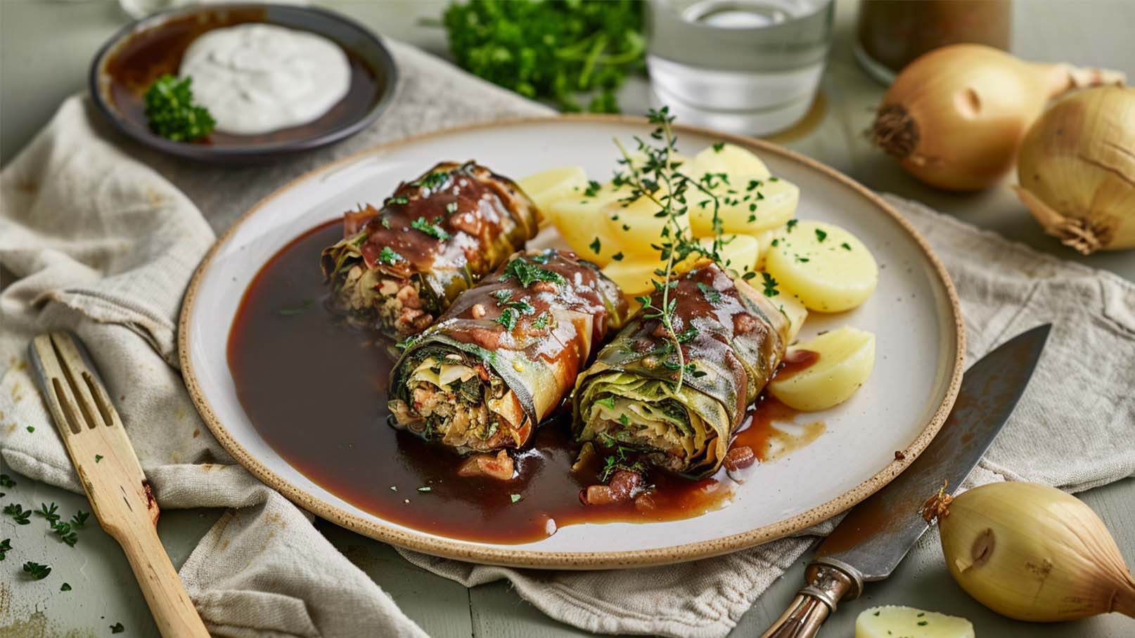 Auf dem Teller befinden sich drei gefüllte Kohlrouladen, umgeben von einer dunklen Soße und garniert mit frischen Kräutern. Daneben liegen gekochte Kartoffeln. Eine kleine Schüssel mit einer cremigen Sauce und Zwiebeln sind im Hintergrund sichtbar.