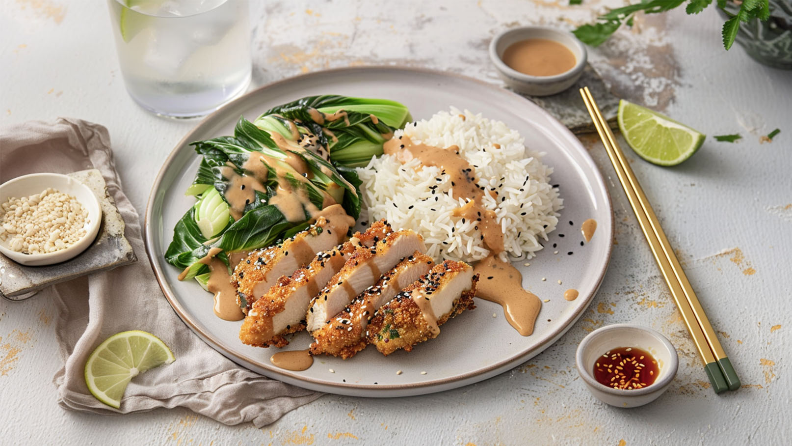 Auf einem Teller sind knusprige Hähnchenstreifen mit einer Erdnusssauce, gedämpfter Pak Choi und weißer Reis arrangiert. Sesamsamen und eine weitere Sauce sind ebenfalls vorhanden. Eine Limettenscheibe und Essstäbchen liegen neben dem Teller.