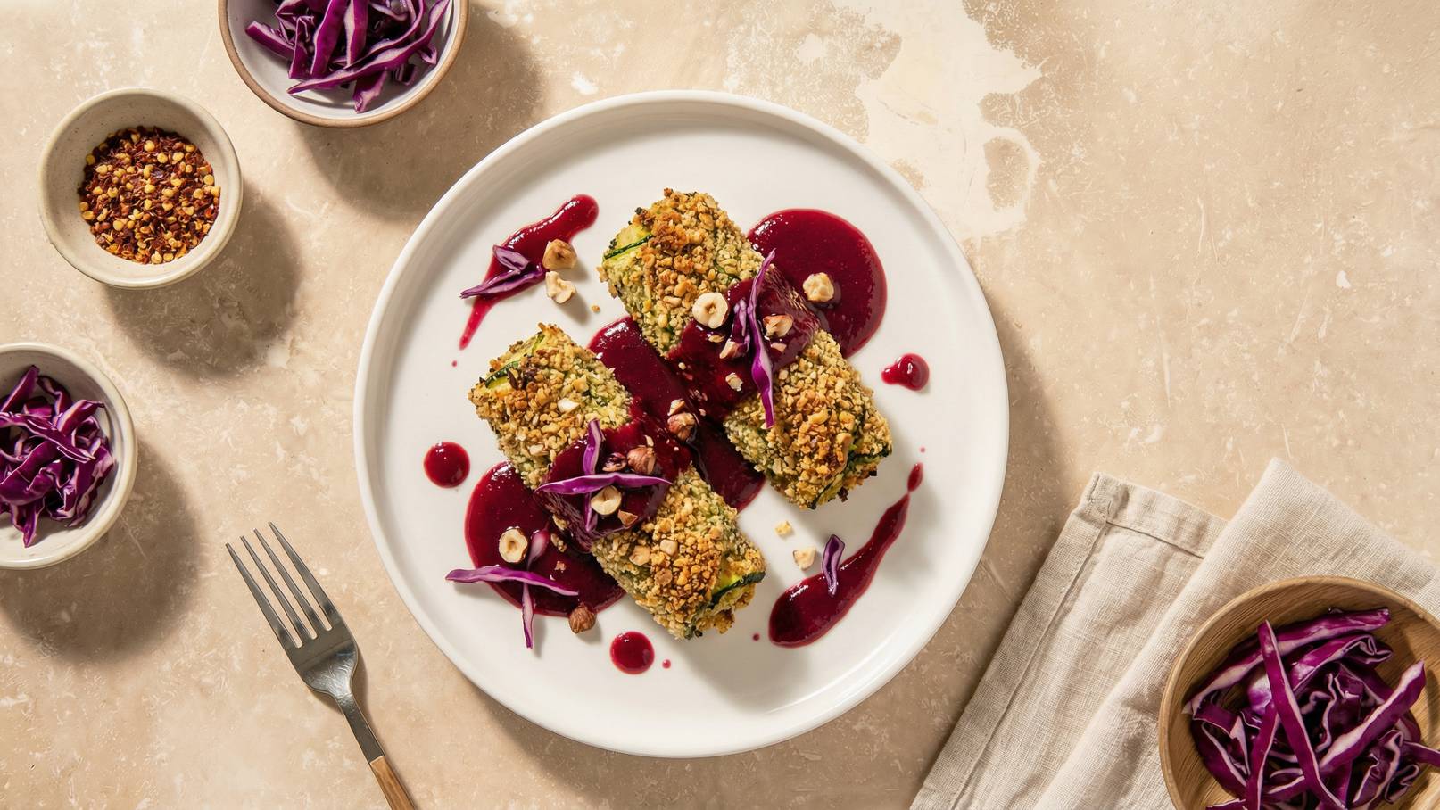 Ein Teller mit drei panierten Gemüsestücken, dekoriert mit rotem Ketchup und gehackten Haselnüssen. Darauf liegen einige Streifen von lila Kohl. Neben dem Teller befinden sich kleine Schalen mit zusätzlichem lila Kohl und Chili-Flocken. Ein Besteckstück ist sichtbar.