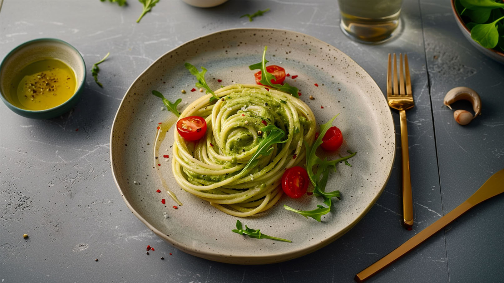 Auf dem Teller befindet sich eine Portion Pasta mit einer grünen Pesto-Sauce, garniert mit frischem Rucola und halbierten Kirschtomaten. Der Teller ist auf einem grau gefärbten Tisch platziert, daneben liegt Besteck.