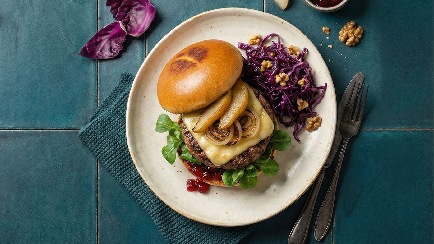 Ein saftiger Burger auf einem Teller, belegt mit Käse, karamellisierten Zwiebeln und Apfelscheiben. Daneben ein Beilagensalat aus rotkohl, Walnüssen und einer kleinen Portion Sauce. Der Teller ist auf einem grünlichen Untergrund platziert.