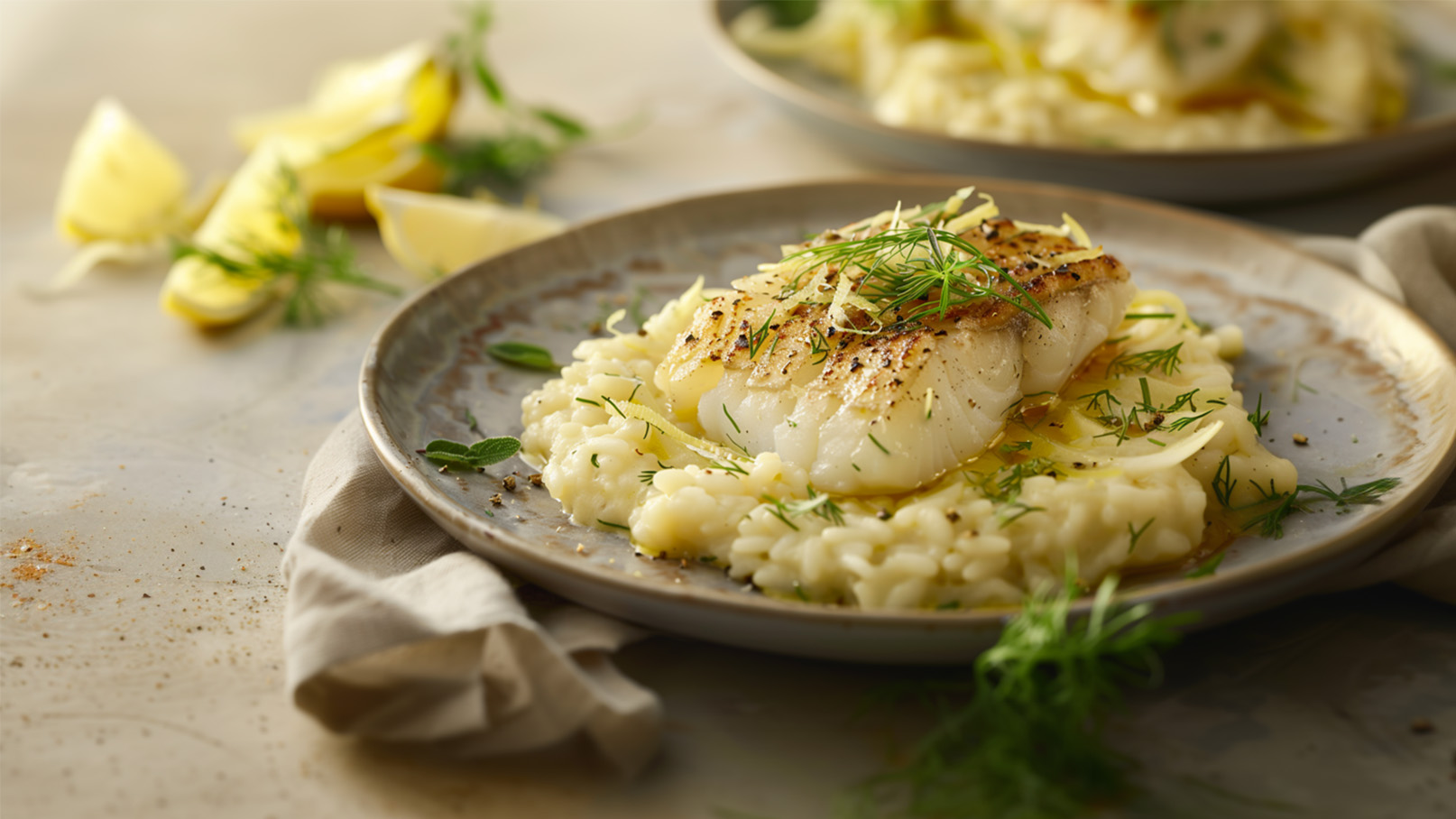 Ein Teller mit cremigem Risotto, darauf ein Stück gebratenen Fisch, garniert mit frischen Kräutern und Zitronenzesten. Der Teller ist rustikal und zeigt eine ansprechende Präsentation des Gerichts. Im Hintergrund sind Zitronenscheiben und Kräuter zu sehen.