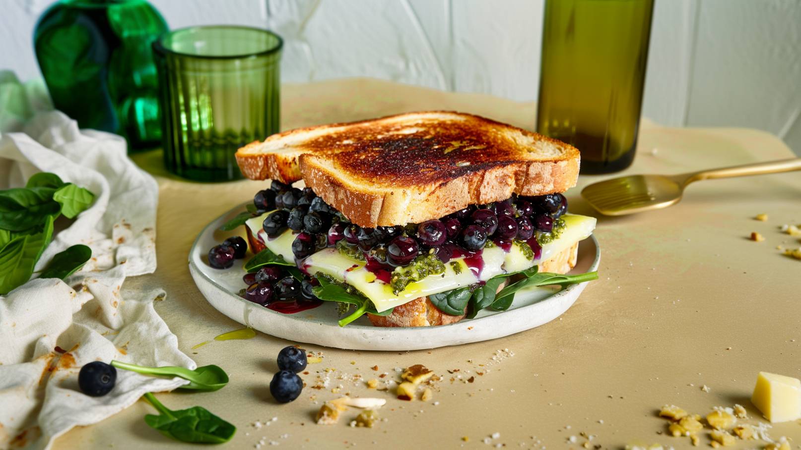Ein auf einem Teller angerichtetes Sandwich aus zwei Scheiben geröstetem Brot, gefüllt mit frischem Blattspinat, Käse, Heidelbeeren und Pesto. Der Teller steht auf einem hellen Tisch, umgeben von beschichteten Zutaten und grünen Gläsern.