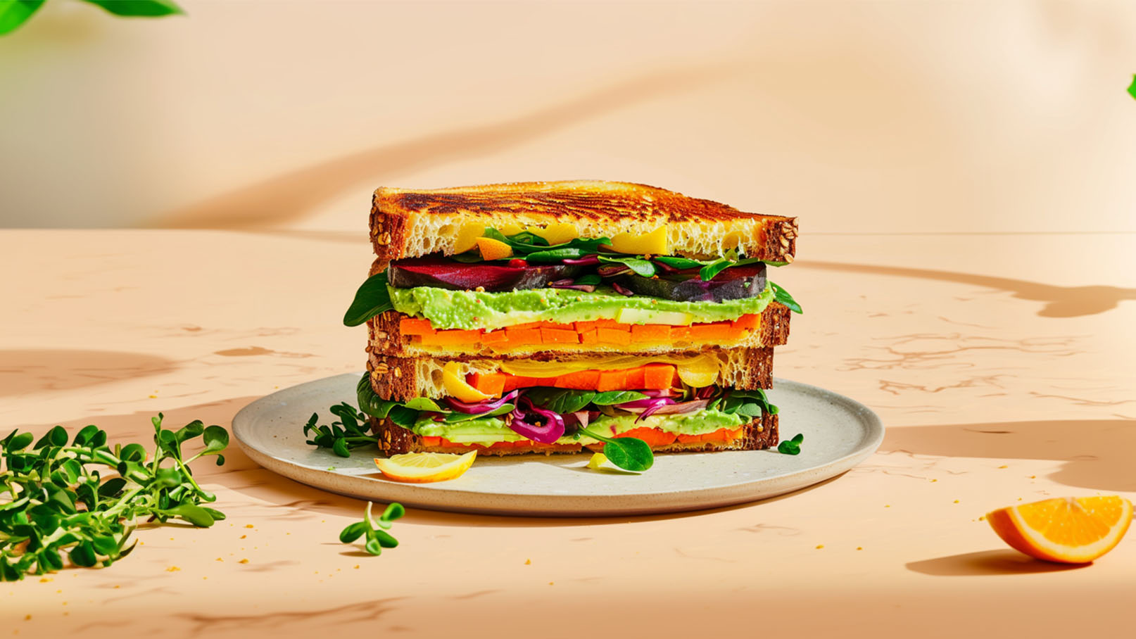 Ein hoher, üppig belegter Sandwich auf einem Teller. Die Schichten bestehen aus verschiedenen Gemüsesorten wie Avocado, Karotten, Spinat und Paprika, zwischen zwei knusprigen Scheiben Brot. Im Hintergrund ist eine helle, neutrale Oberfläche zu sehen.