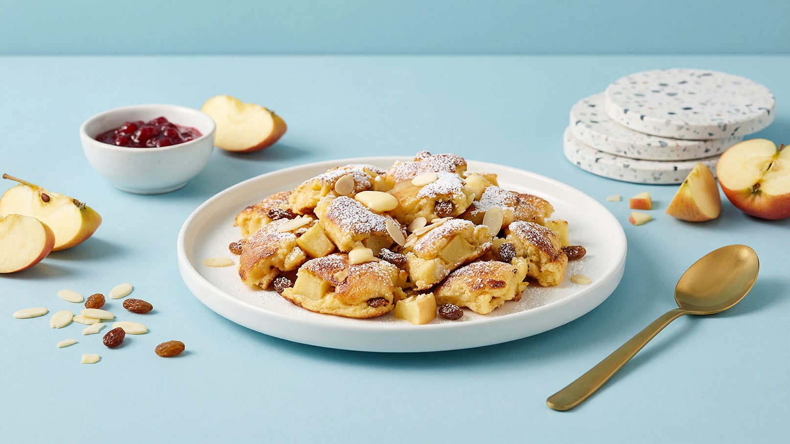 Ein Teller mit warmem, gebackenem Kuchen, der mit Äpfeln, Rosinen und Mandeln gefüllt ist, ist mit Puderzucker bestäubt. Neben dem Teller steht eine Schale mit roter Marmelade und einige geschnittene Äpfel liegen auf dem Tisch.