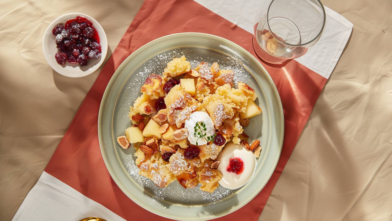 Ein Teller mit frischem Kaiserschmarrn, garniert mit Apfelstücken, gerösteten Mandeln und Puderzucker. Neben dem Kaiserschmarrn befindet sich ein Becher Sahne und etwas fruchtige Soße. Im Hintergrund ein Schälchen mit roten Beeren.