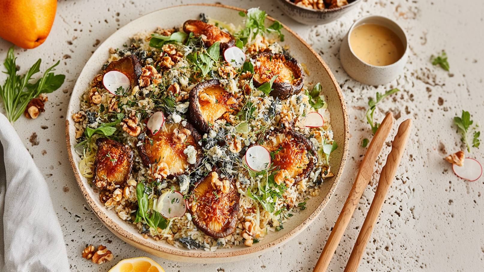 Eine große Schüssel mit einem bunten Salat, der aus Reis, gegrilltem Gemüse, Nüssen und Blattsalat besteht. Ein paar Radieschen und frische Kräuter sind sichtbar. Daneben steht eine kleine Schale mit einer Sauce und Holzutensilien liegen bereit.