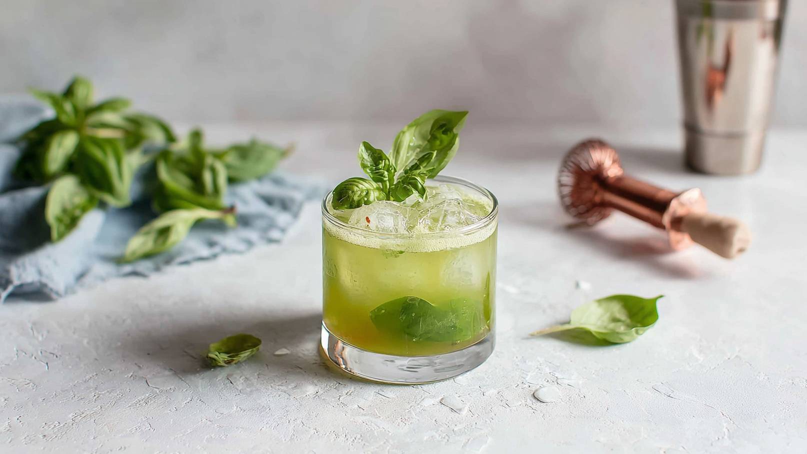 Ein Cocktailglas mit grünem Getränk ist gefüllt mit Eiswürfeln und frischem Basilikum. Im Hintergrund sind einige Basilikumblätter und ein Cocktailshaker sichtbar. Die Szene hat einen hellen, einladenden Hintergrund.