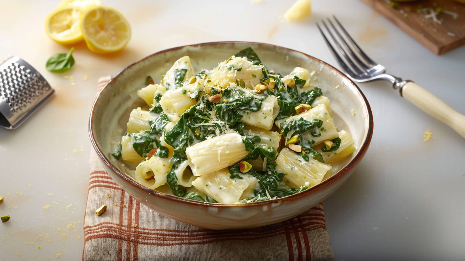 Eine Schüssel mit Rigatoni-Nudeln, umgeben von frischem Spinat, ist in einer cremigen Sauce angerichtet. Das Gericht ist mit gehackten Pistazien und geriebenem Käse garniert. Im Hintergrund liegen eine Gabel und halbierte Zitronen.