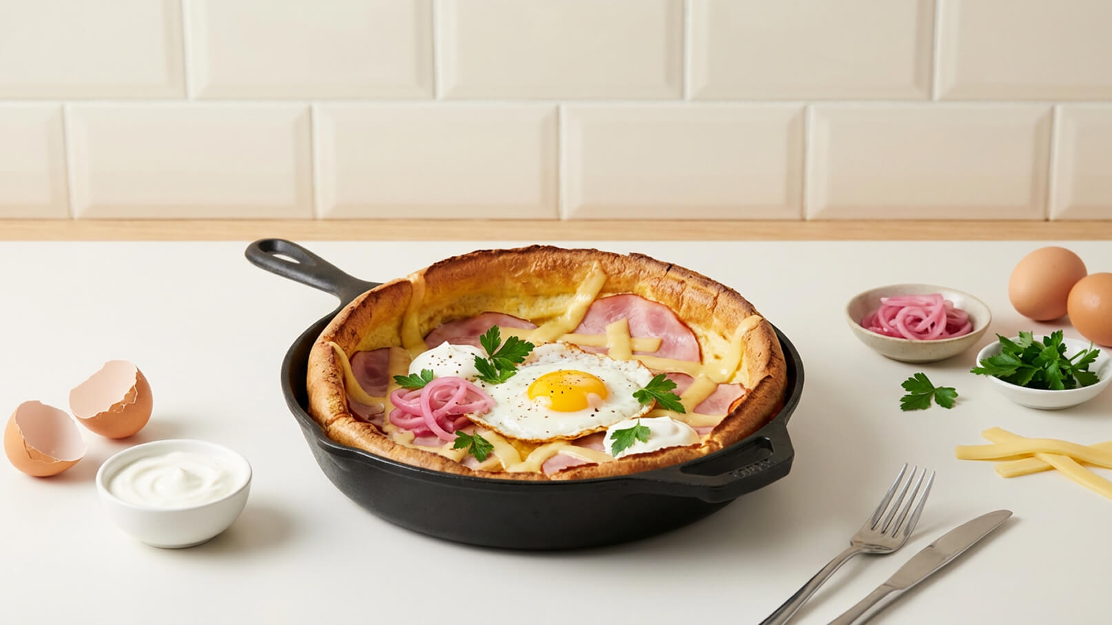 Ein frisch gebackenes Omelett in einer Pfanne, garniert mit Schinken, Eiern und Käse. Dazu rote Zwiebelringe und frische Petersilie. Im Hintergrund liegen rohe Eier und einige Zutaten wie Käsestreifen. Die Anordnung vermittelt ein herzhaftes Frühstück.