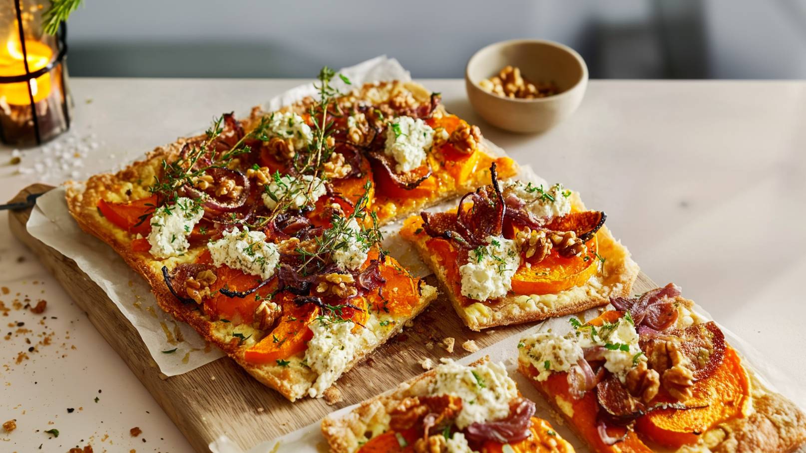 Auf einem Holzbrett liegen großzügige Stücke von herzhafter Tarte, belegt mit orangefarbenem Kürbis, Creme und Nüssen. Die Tarte ist knusprig und mit frischen Kräutern garniert, umgeben von einem schlichtem, hellen Hintergrund. Im Hintergrund steht eine Kerze, die eine warme Atmosphäre schafft.