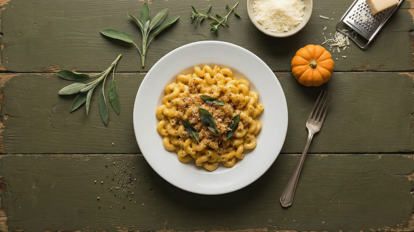 Ein weißer Teller mit cremiger Pasta, garniert mit Salbeiblättern und Semmelbröseln, liegt auf einem braunen Tisch. Neben dem Teller befinden sich frische Kräuter, ein kleiner Kürbis, eine Gabel und eine Schüssel mit geriebenem Parmesan.