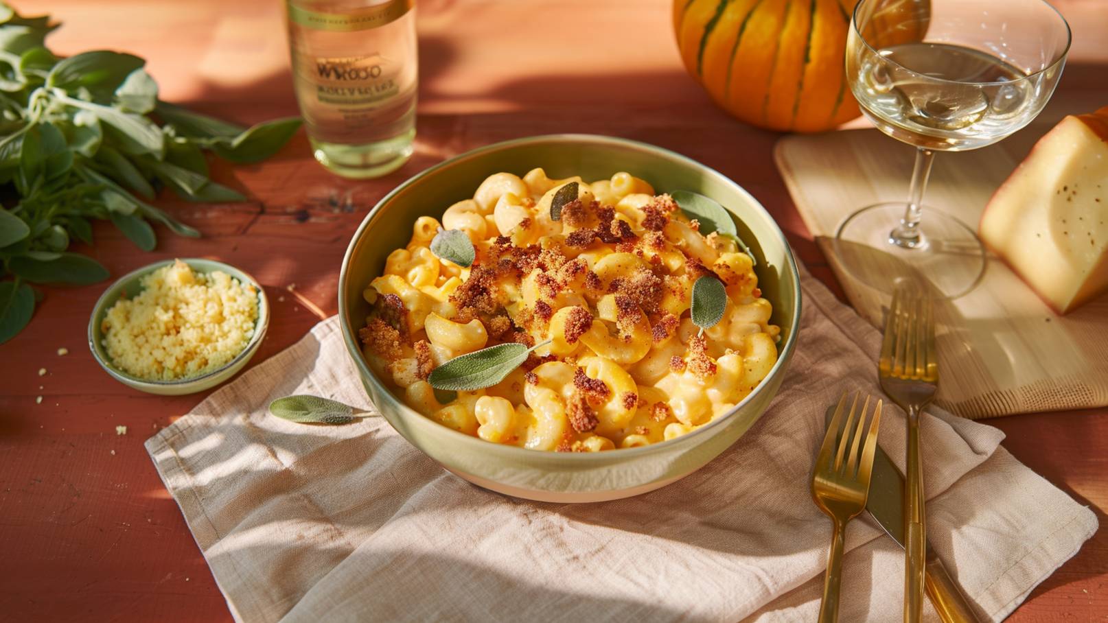 Ein Teller Mac and Cheese, garniert mit knusprigen Bröseln und frischen Salbeiblättern. Daneben befindet sich eine kleine Schüssel mit Couscous sowie ein Glas Weißwein. Die Szene ist von warmem Licht und einer rustikalen Tischoberfläche umgeben.