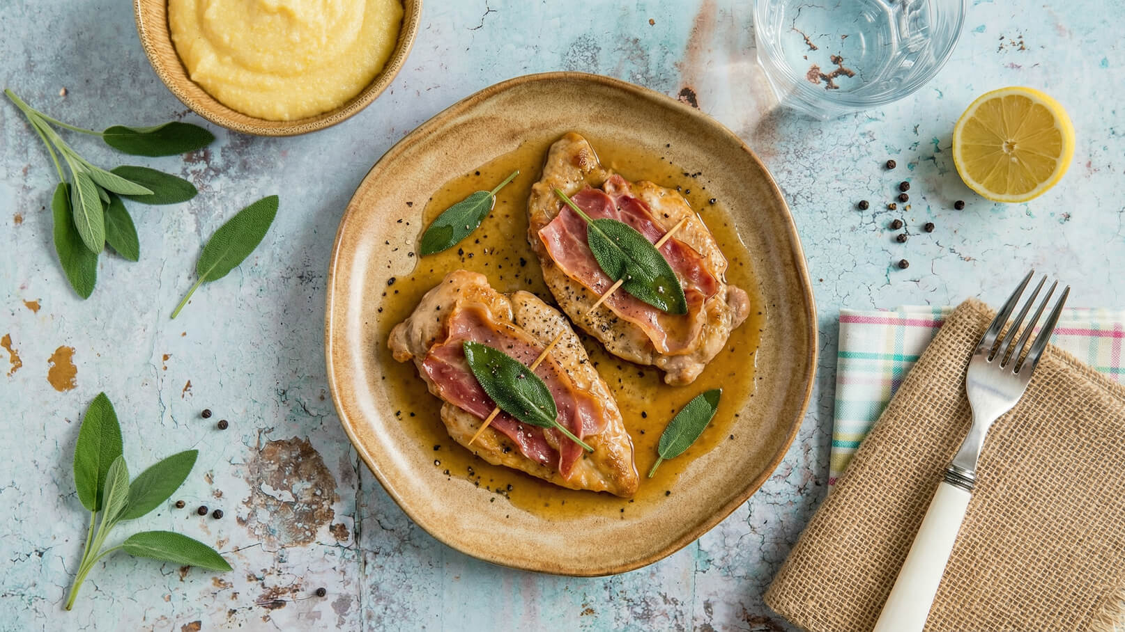 Auf dem Teller befinden sich zwei Hühnchenbrustfilets, belegt mit Schinken und frischen Salbeiblättern, in einer leicht glänzenden Sauce. Daneben steht eine Schüssel mit cremigem Püree. Das Bild zeigt eine ansprechende Anrichtungsart mit frischen Kräutern und einem hellen Hintergrund.