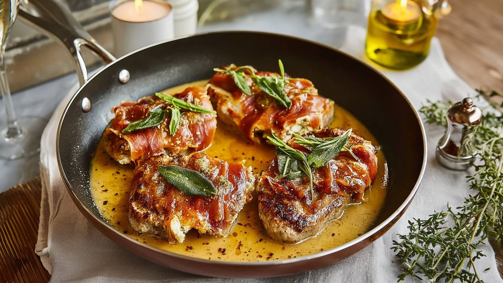 In einer braunen Pfanne sind vier gegrillte Fleischstücke zu sehen, die mit Speck umwickelt und mit frischem Salbei garniert sind. Sie liegen in einer aromatischen Soße, umgeben von Kräutern. Der Hintergrund zeigt einen gedeckten Tisch mit Kerzenlicht.