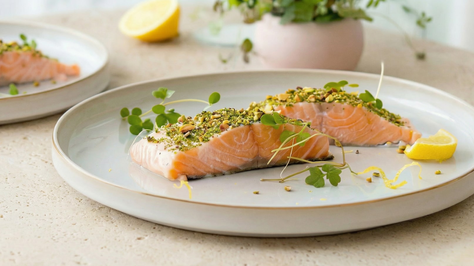Auf einem weißen Teller liegt ein Stück gegrillter Lachs, das mit gehackten Pistazien und Sprossen dekoriert ist. Daneben befindet sich ein Stück Zitrone. Im Hintergrund sind weitere Teller und eine kleine Pflanze zu sehen.