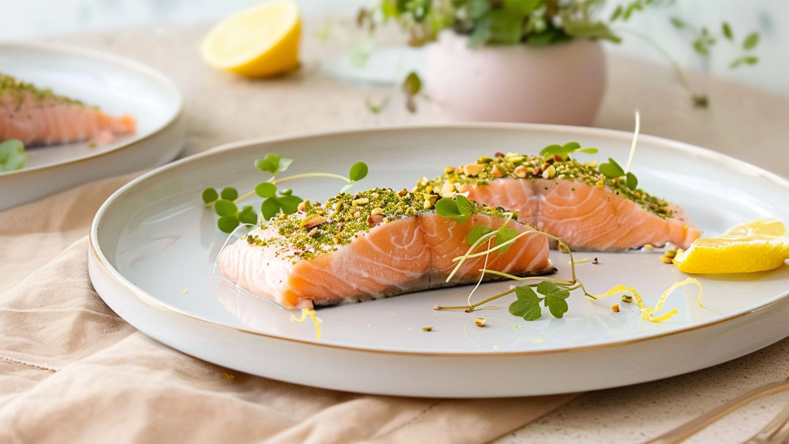 Ein gegrilltes Lachsfilet liegt auf einem weißen Teller. Es ist mit gehackten Pistazien und frischen Kräutern garniert. Neben dem Lachs befindet sich eine Zitronenscheibe. Im Hintergrund sind weitere Teller und eine Pflanze sichtbar.