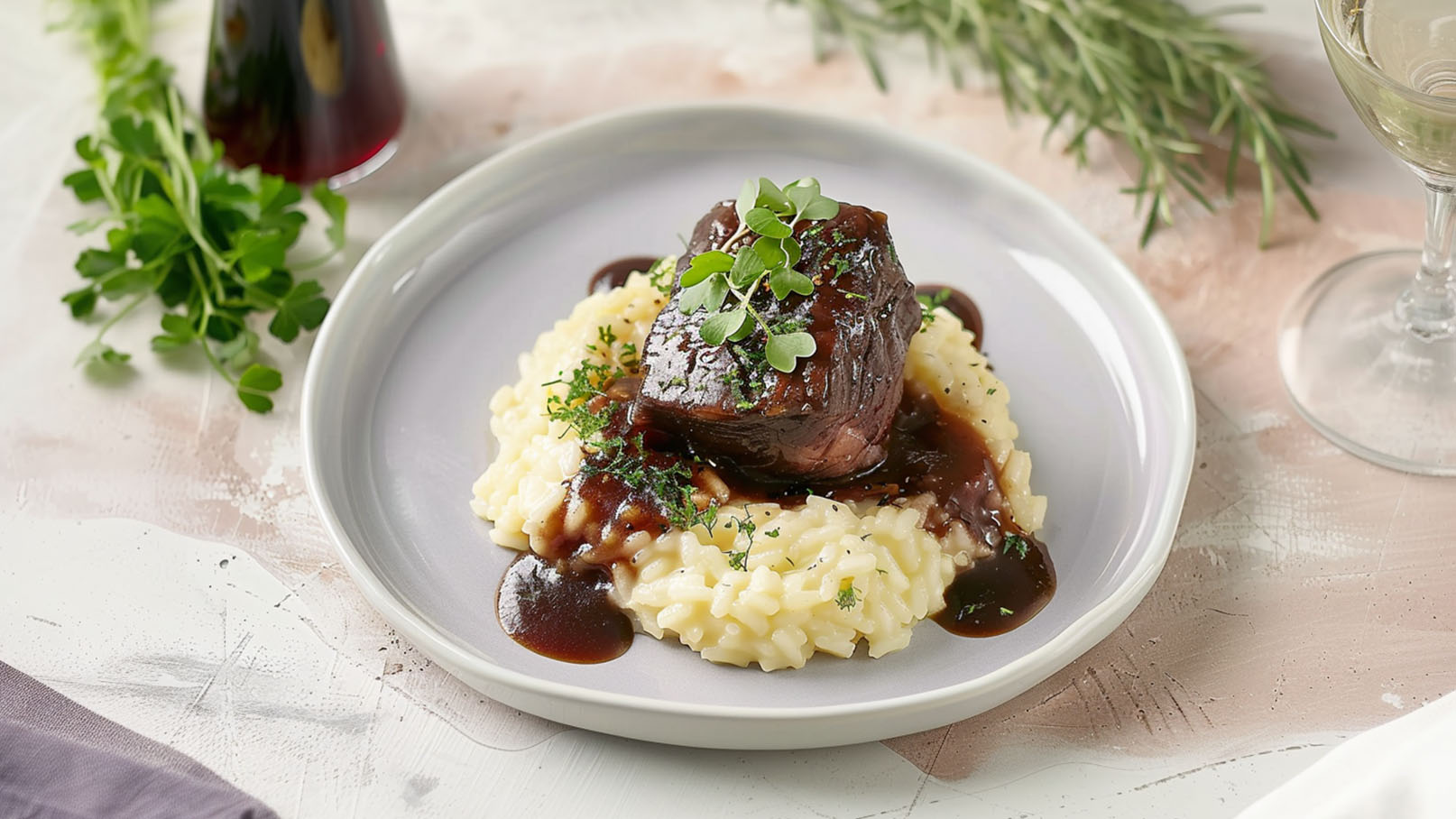 Ein Teller mit cremigem Risotto, auf dem ein saftiges Stück Rindfleisch liegt. Das Fleisch ist mit einer dunklen Sauce überzogen und mit frischen Kräutern garniert. Hintergrund mit dekorativen Kräutern und einem Glas Wein.