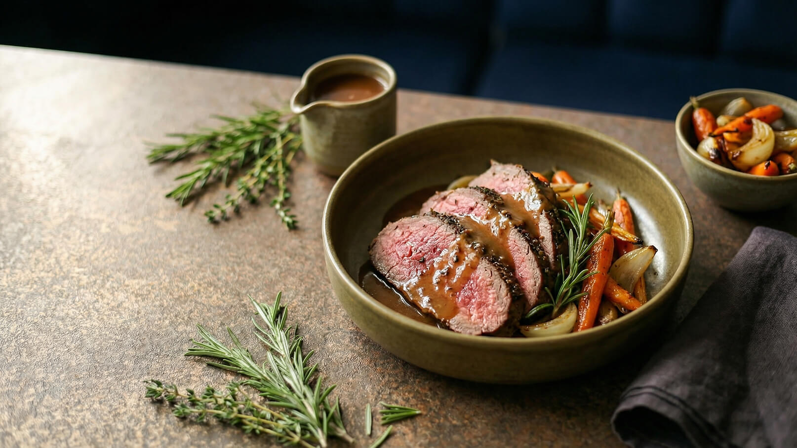 Ein Teller mit zart geschnittenem Rindfleisch in einer dunklen Soße, garniert mit frischen Kräutern wie Rosmarin. Dazu gibt es geröstetes Gemüse, darunter Karotten und Zwiebeln. Daneben steht eine kleine Kanne mit weiterer Soße.