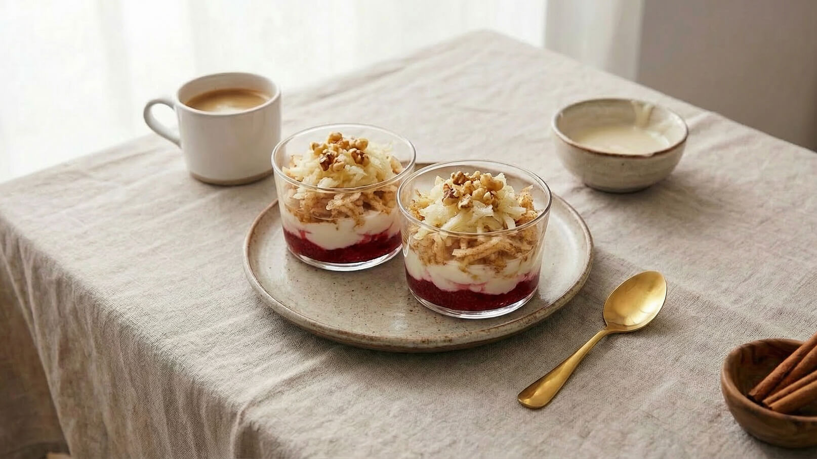 Zwei Gläser mit Schichtdessert stehen auf einem Teller. Das Dessert besteht aus einer Erdbeerschicht, Joghurt und geraspeltem Obst, garniert mit Walnüssen. Neben den Gläsern befindet sich eine Tasse Kaffee auf einem Tisch.