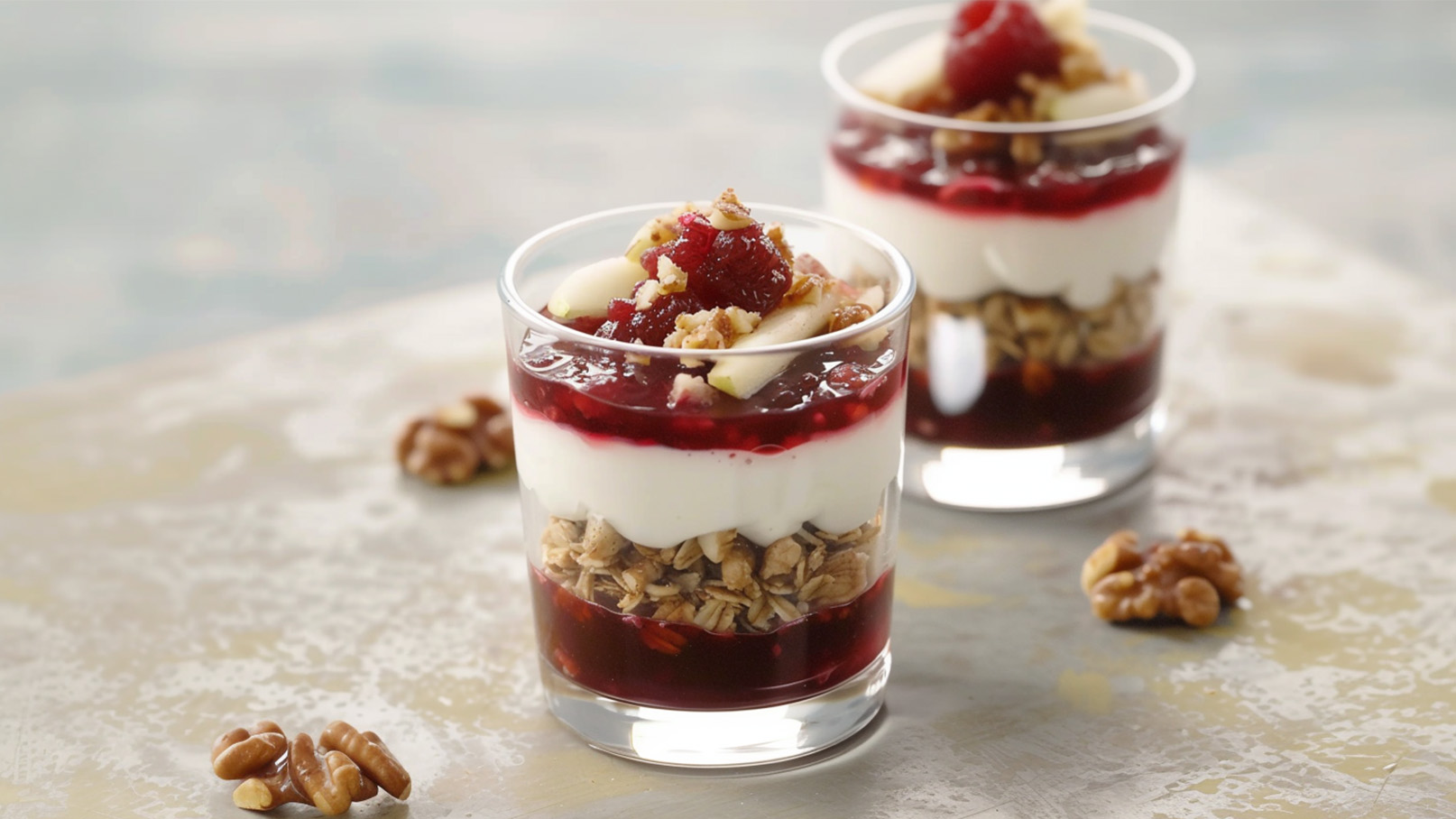 Ein Dessert in einem Glas, geschichtet aus Müsli, Joghurt und einer Schicht aus roter Fruchtsoße. Oben sind frische Früchte und gehackte Nüsse dekoriert. Es stehen zwei Gläser auf einer Oberfläche, umgeben von einigen Walnüssen.